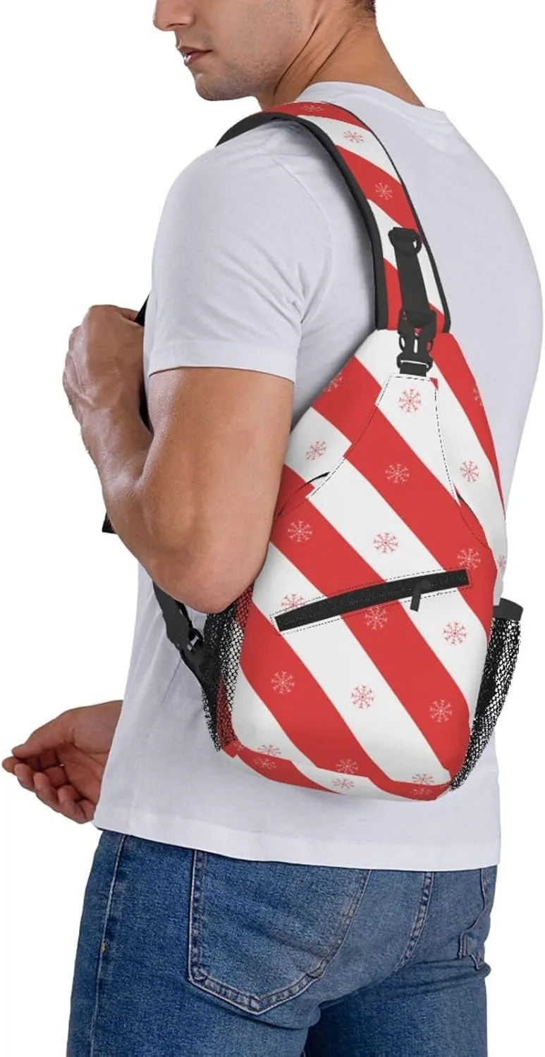 Christmas Snowflake Red White Diagonal Stripes Cross Chest Bag Diagonally Hiking Crossbody Bag Travel Shoulder Daypack Lightweight Sling Backpack Cycling Daypacks Fitness Chest Backpacks