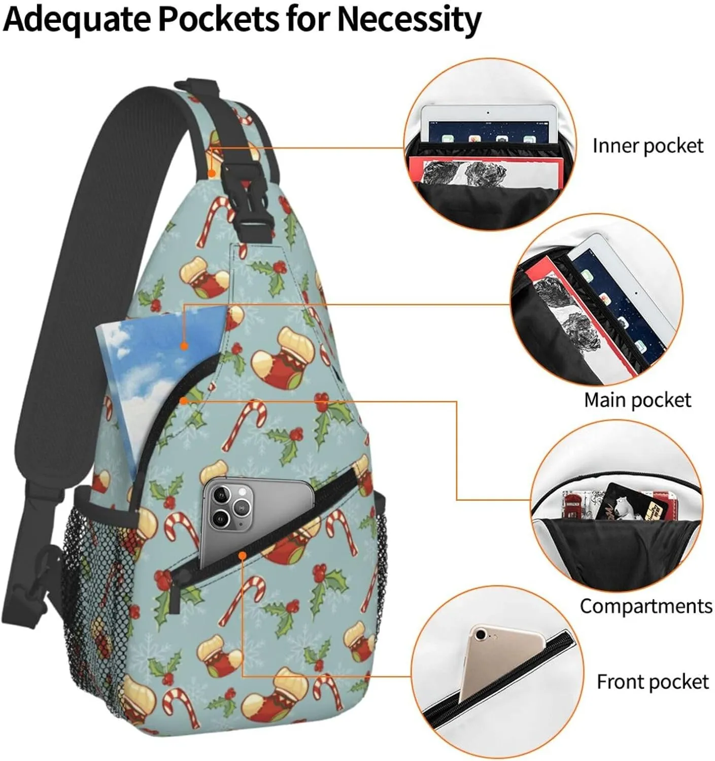 Christmas Stockings Candy Canes Holly Berries Cross Chest Bag Diagonally Hiking Crossbody Bag Travel Shoulder Daypack Lightweight Sling Backpack Cycling Daypacks Fitness Chest Backpacks