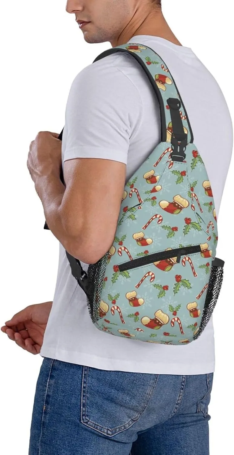 Christmas Stockings Candy Canes Holly Berries Cross Chest Bag Diagonally Hiking Crossbody Bag Travel Shoulder Daypack Lightweight Sling Backpack Cycling Daypacks Fitness Chest Backpacks