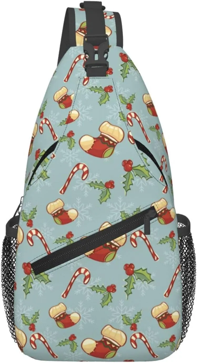 Christmas Stockings Candy Canes Holly Berries Cross Chest Bag Diagonally Hiking Crossbody Bag Travel Shoulder Daypack Lightweight Sling Backpack Cycling Daypacks Fitness Chest Backpacks