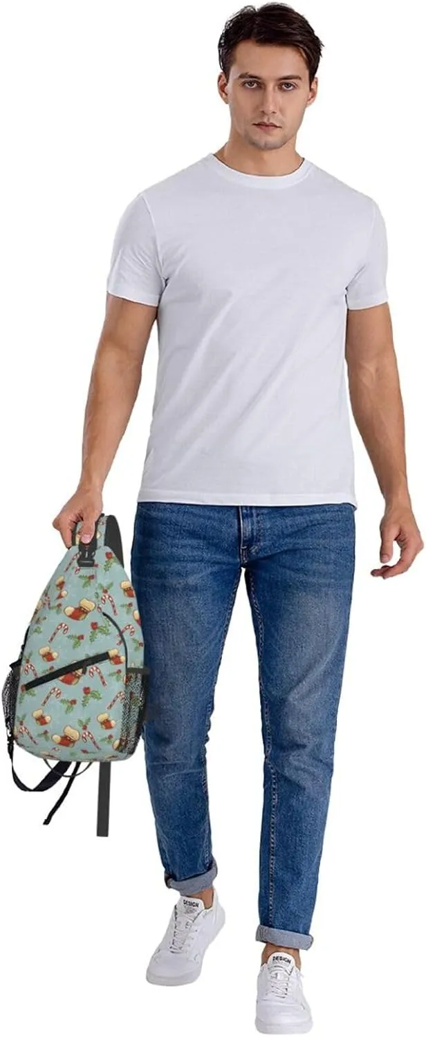 Christmas Stockings Candy Canes Holly Berries Cross Chest Bag Diagonally Hiking Crossbody Bag Travel Shoulder Daypack Lightweight Sling Backpack Cycling Daypacks Fitness Chest Backpacks
