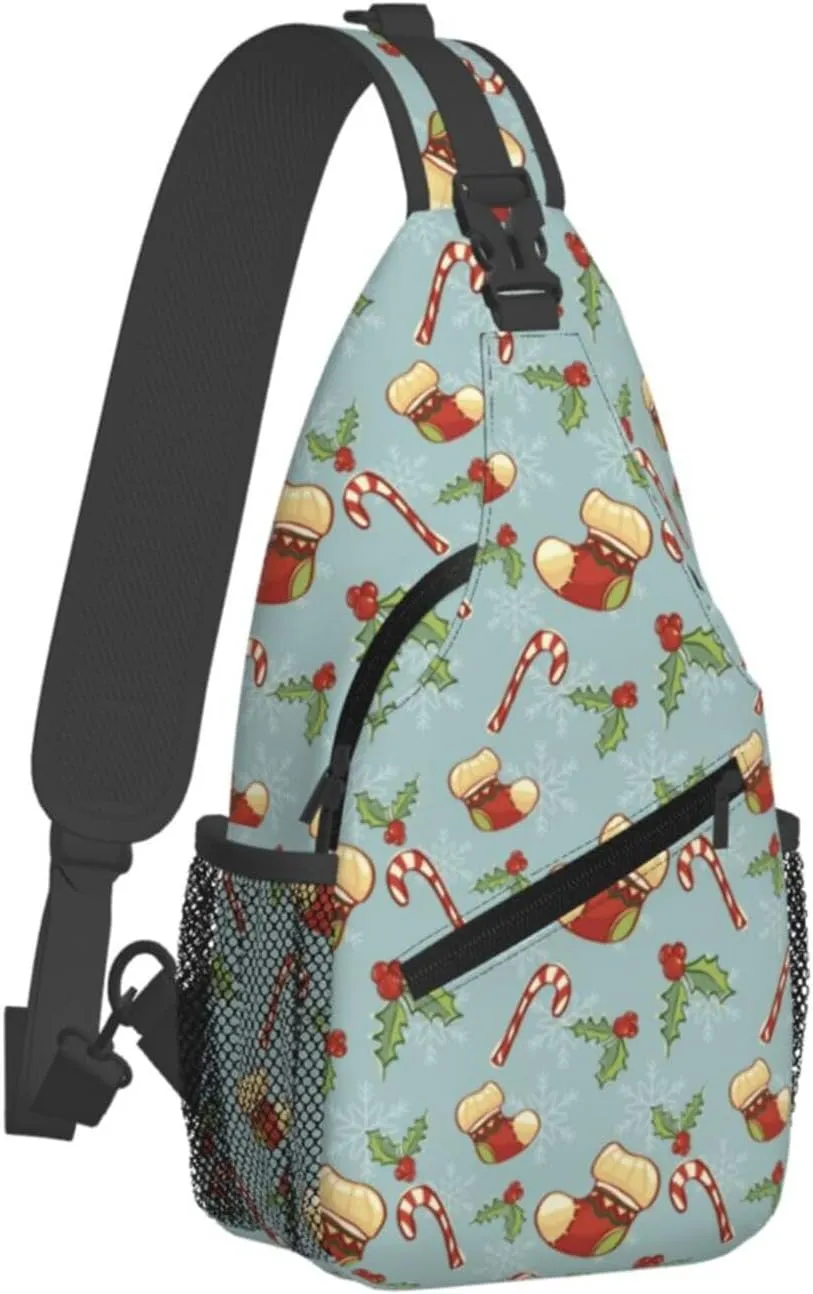 Christmas Stockings Candy Canes Holly Berries Cross Chest Bag Diagonally Hiking Crossbody Bag Travel Shoulder Daypack Lightweight Sling Backpack Cycling Daypacks Fitness Chest Backpacks