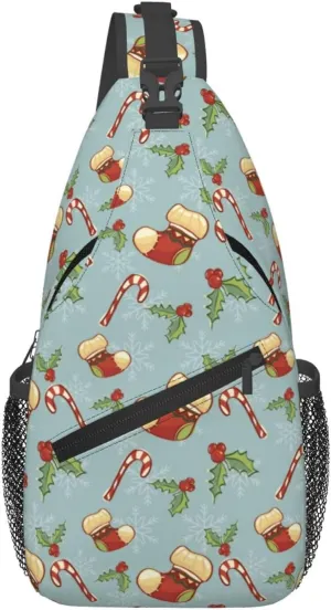 Christmas Stockings Candy Canes Holly Berries Cross Chest Bag Diagonally Hiking Crossbody Bag Travel Shoulder Daypack Lightweight Sling Backpack Cycling Daypacks Fitness Chest Backpacks