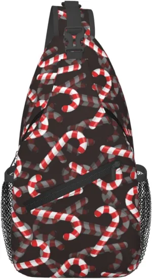 Christmas White Red Striped Candy Canes Cross Chest Bag Diagonally Hiking Crossbody Bag Travel Shoulder Daypack Lightweight Sling Backpack Cycling Daypacks Fitness Chest Backpacks
