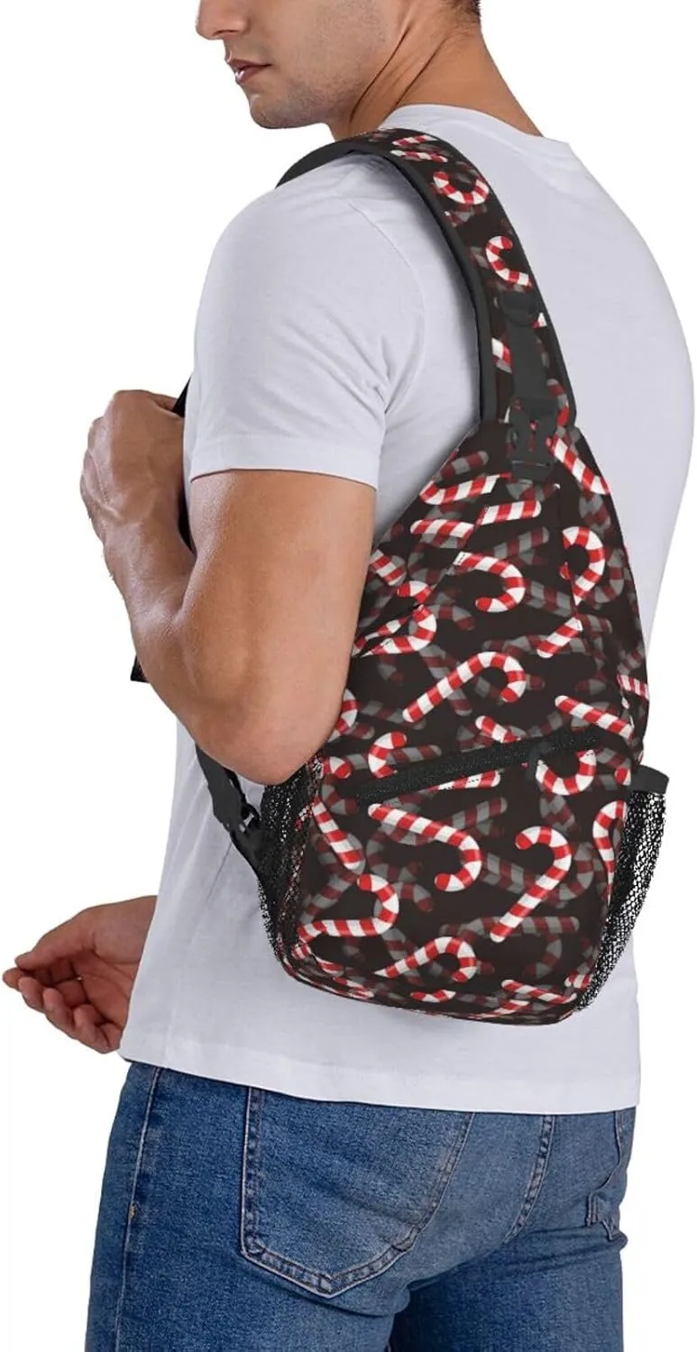 Christmas White Red Striped Candy Canes Cross Chest Bag Diagonally Hiking Crossbody Bag Travel Shoulder Daypack Lightweight Sling Backpack Cycling Daypacks Fitness Chest Backpacks