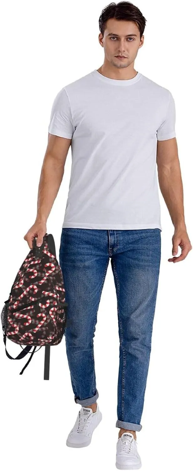 Christmas White Red Striped Candy Canes Cross Chest Bag Diagonally Hiking Crossbody Bag Travel Shoulder Daypack Lightweight Sling Backpack Cycling Daypacks Fitness Chest Backpacks