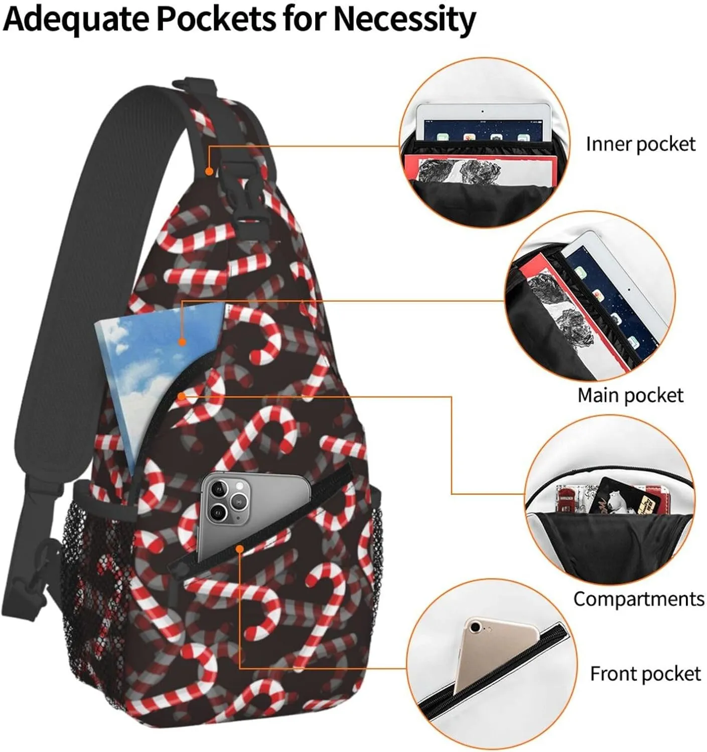 Christmas White Red Striped Candy Canes Cross Chest Bag Diagonally Hiking Crossbody Bag Travel Shoulder Daypack Lightweight Sling Backpack Cycling Daypacks Fitness Chest Backpacks