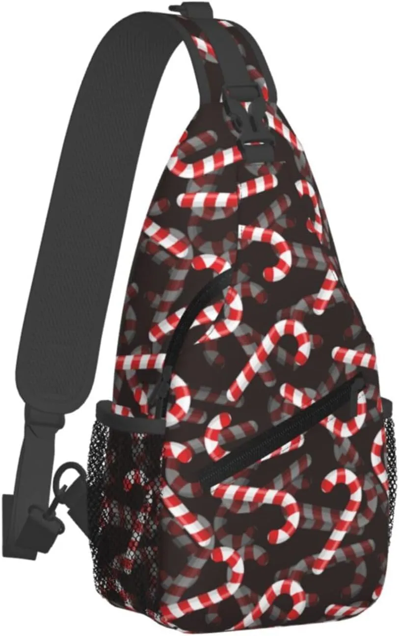 Christmas White Red Striped Candy Canes Cross Chest Bag Diagonally Hiking Crossbody Bag Travel Shoulder Daypack Lightweight Sling Backpack Cycling Daypacks Fitness Chest Backpacks