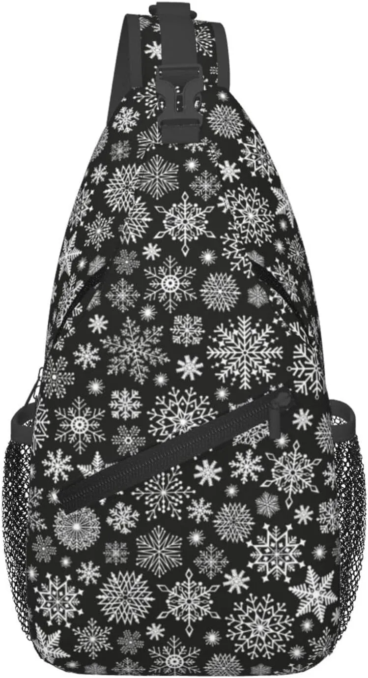 Christmas White Snowflake Black Cross Chest Bag Diagonally Hiking Crossbody Bag Travel Shoulder Daypack Lightweight Sling Backpack Cycling Daypacks Fitness Chest Backpacks