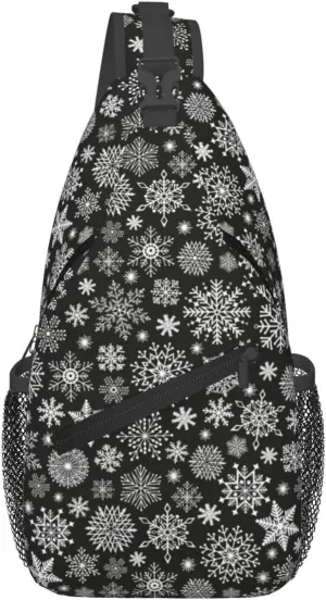 Christmas White Snowflake Black Cross Chest Bag Diagonally Hiking Crossbody Bag Travel Shoulder Daypack Lightweight Sling Backpack Cycling Daypacks Fitness Chest Backpacks