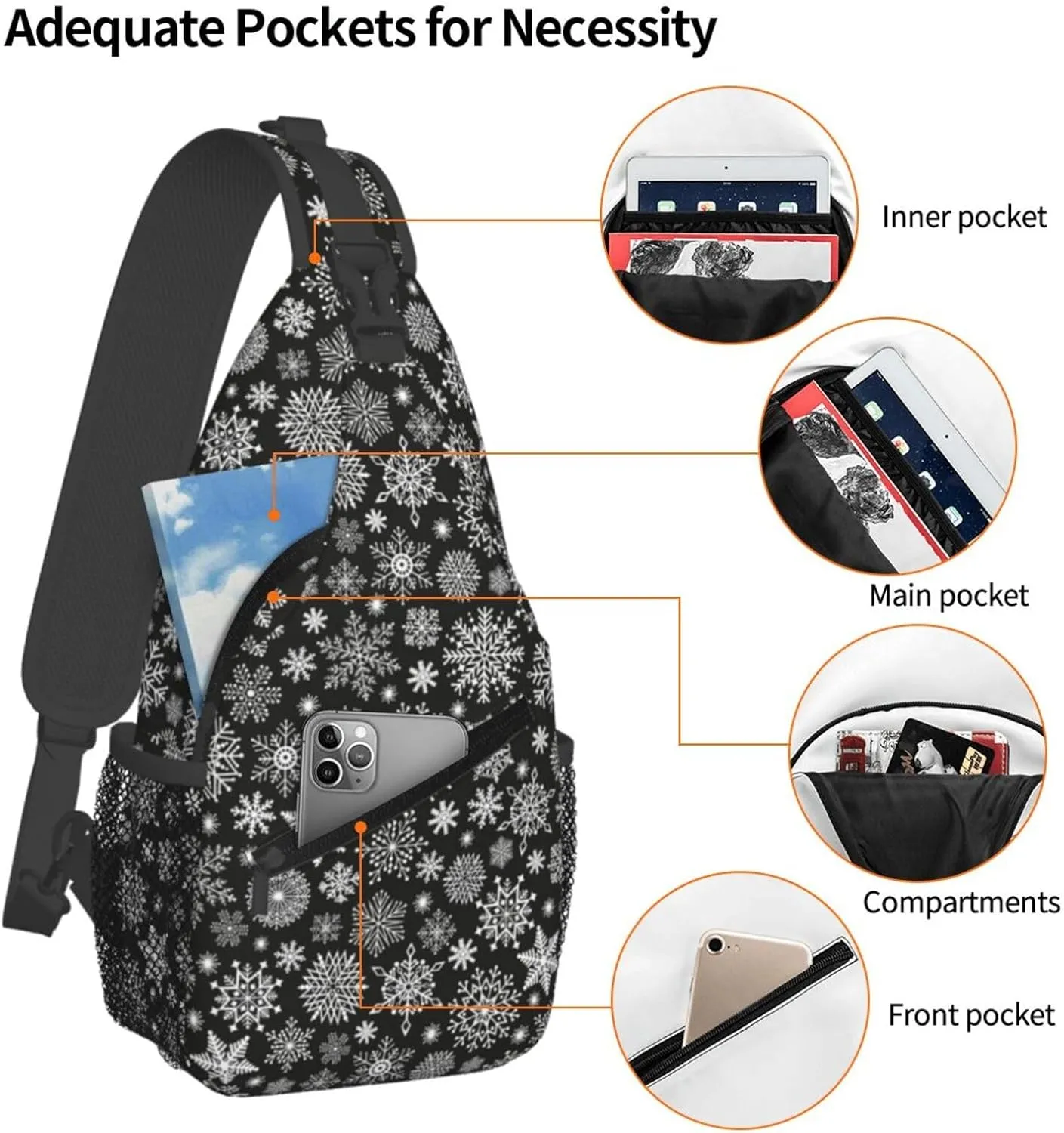 Christmas White Snowflake Black Cross Chest Bag Diagonally Hiking Crossbody Bag Travel Shoulder Daypack Lightweight Sling Backpack Cycling Daypacks Fitness Chest Backpacks