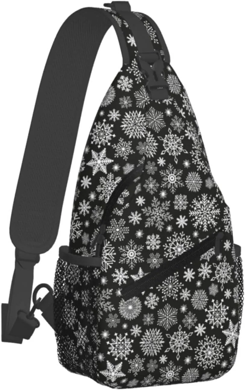 Christmas White Snowflake Black Cross Chest Bag Diagonally Hiking Crossbody Bag Travel Shoulder Daypack Lightweight Sling Backpack Cycling Daypacks Fitness Chest Backpacks