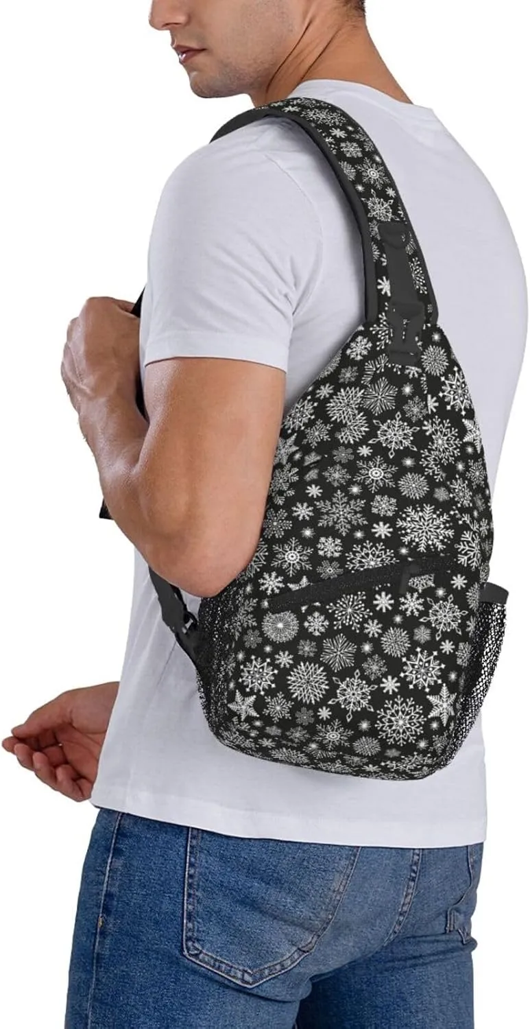 Christmas White Snowflake Black Cross Chest Bag Diagonally Hiking Crossbody Bag Travel Shoulder Daypack Lightweight Sling Backpack Cycling Daypacks Fitness Chest Backpacks