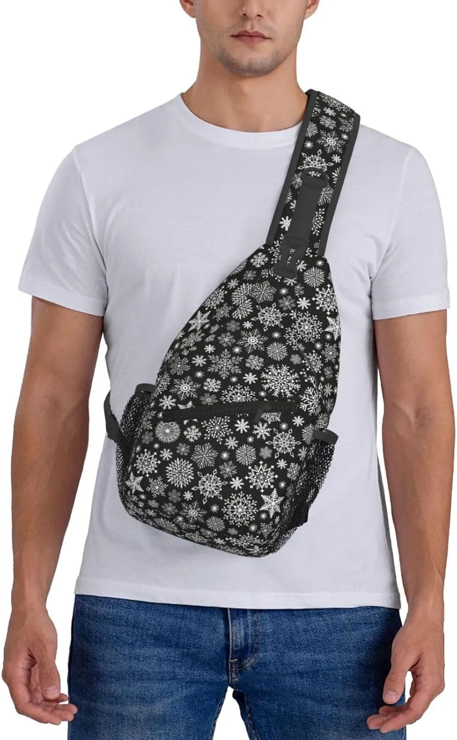 Christmas White Snowflake Black Cross Chest Bag Diagonally Hiking Crossbody Bag Travel Shoulder Daypack Lightweight Sling Backpack Cycling Daypacks Fitness Chest Backpacks