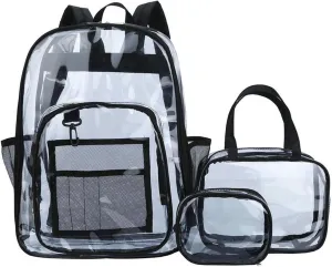 Clear Backpack PVC Shoulder Bag, Heavy Duty Transparent Rucksack See Through Bag for School Sports and Travel, Black Three-piece Set, L