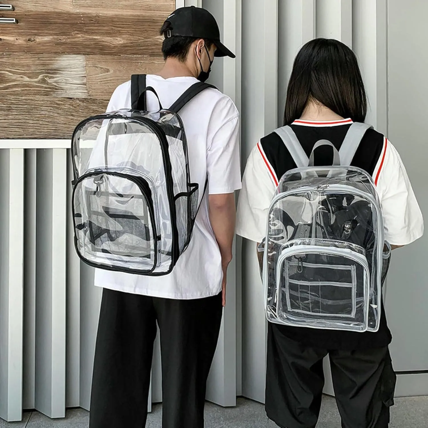 Clear Backpack PVC Shoulder Bag, Heavy Duty Transparent Rucksack See Through Bag for School Sports and Travel, Black Three-piece Set, L
