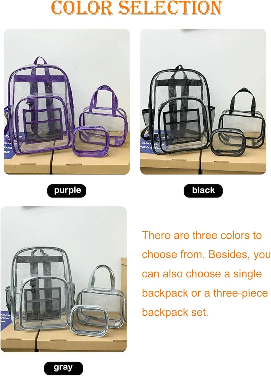 Clear Backpack PVC Shoulder Bag, Heavy Duty Transparent Rucksack See Through Bag for School Sports and Travel, Black Three-piece Set, L