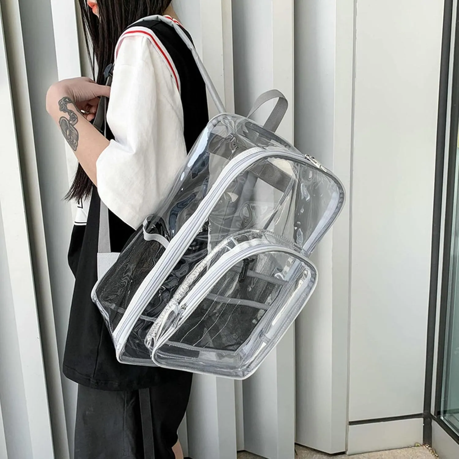 Clear Backpack PVC Shoulder Bag, Heavy Duty Transparent Rucksack See Through Bag for School Sports and Travel, Gray, L