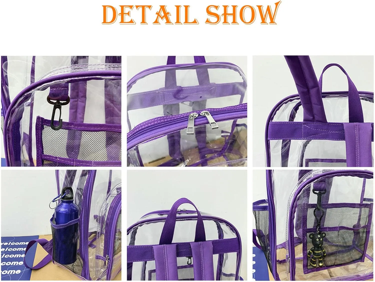 Clear Backpack PVC Shoulder Bag, Heavy Duty Transparent Rucksack See Through Bag for School Sports and Travel, Purple Three-piece Set, L