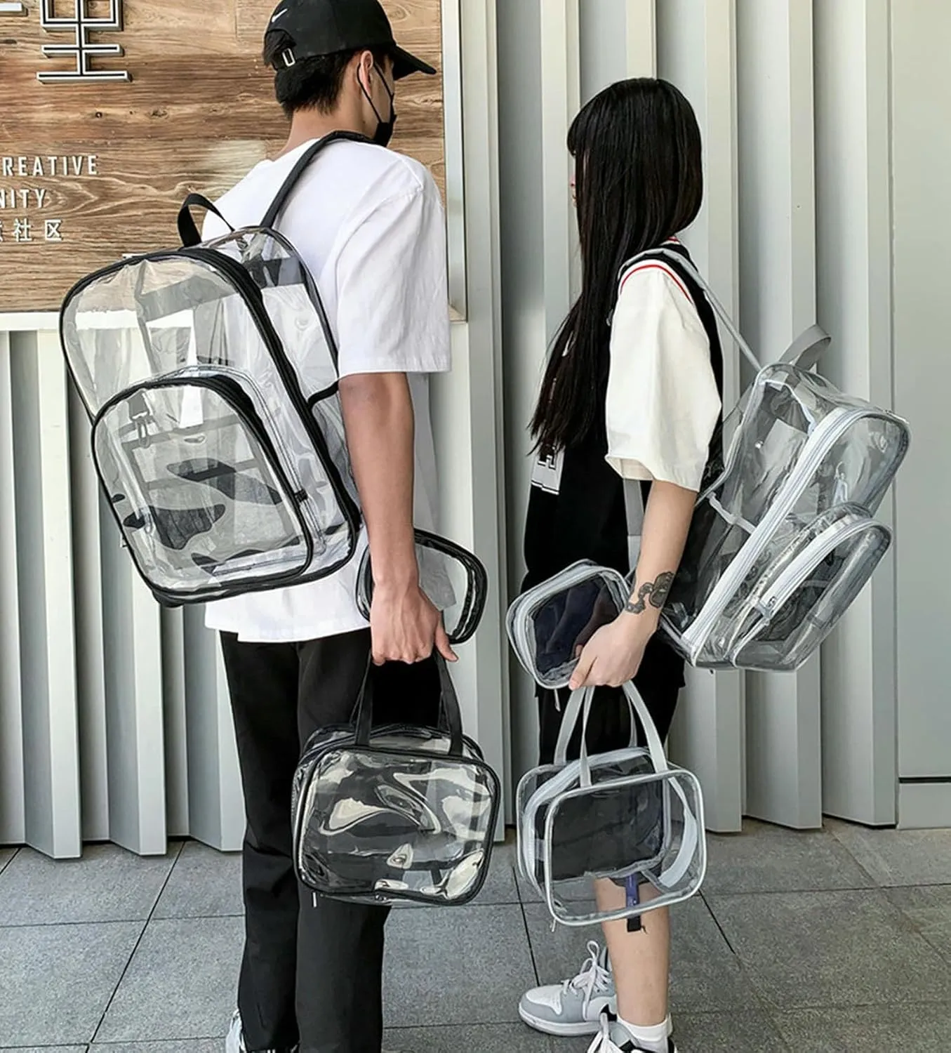 Clear Backpack PVC Shoulder Bag, Heavy Duty Transparent Rucksack See Through Bag for School Sports and Travel, Purple Three-piece Set, L