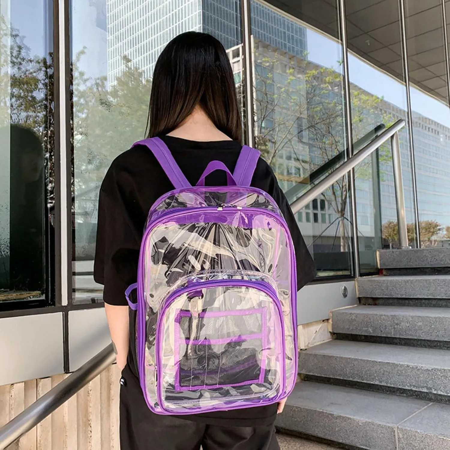 Clear Backpack PVC Shoulder Bag, Heavy Duty Transparent Rucksack See Through Bag for School Sports and Travel, Purple Three-piece Set, L