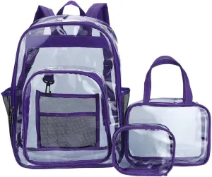 Clear Backpack PVC Shoulder Bag, Heavy Duty Transparent Rucksack See Through Bag for School Sports and Travel, Purple Three-piece Set, L