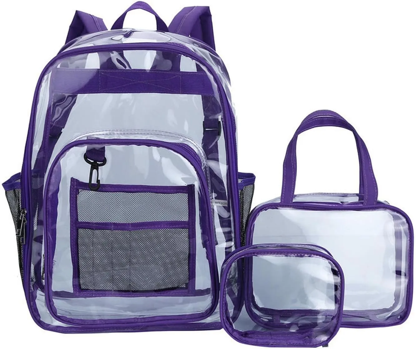 Clear Backpack PVC Shoulder Bag, Heavy Duty Transparent Rucksack See Through Bag for School Sports and Travel, Purple Three-piece Set, L