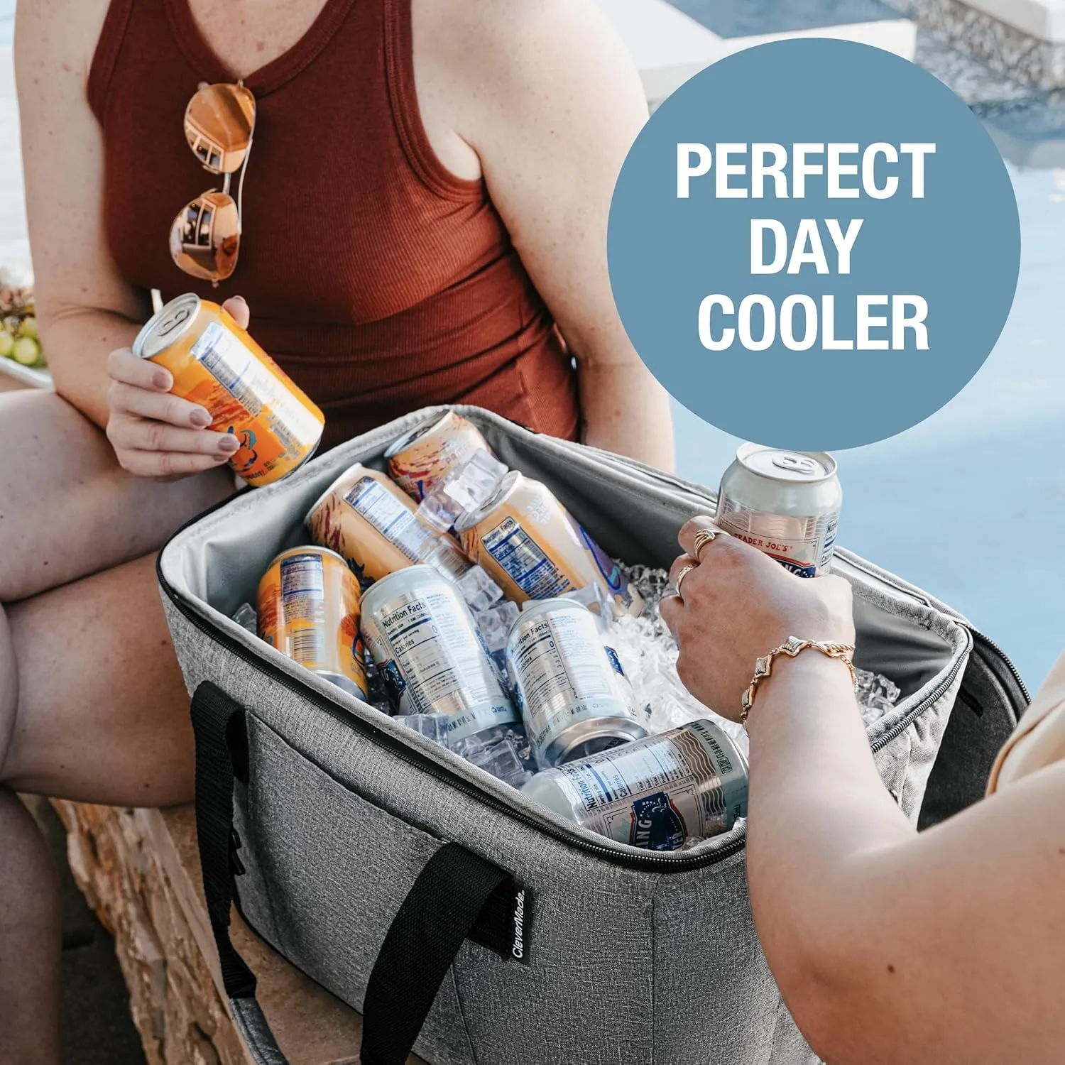 CleverMade Collapsible Cooler Bag 50 Can Beach & Travel Car Cooler, Folding Soft Cooler, Shoulder Strap, Bottle Opener Great Car Coolers for Travel, Cleans Easy, Leak Proof - Gray/Black Gray/Midnight