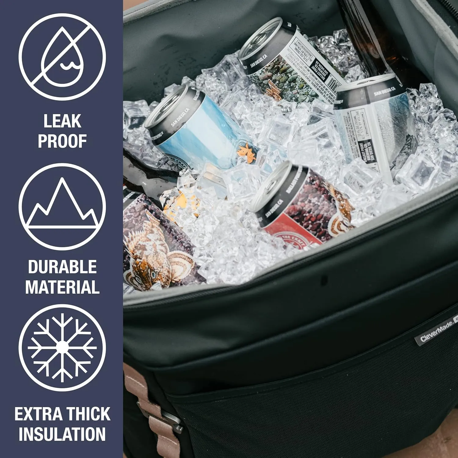 CleverMade Sequoia Collapsible Cooler Bag – 32 Can Insulated Leakproof Soft Cooler Tote for Beach, Travel, Picnic – Black Obsidian – Durable Polyester Build