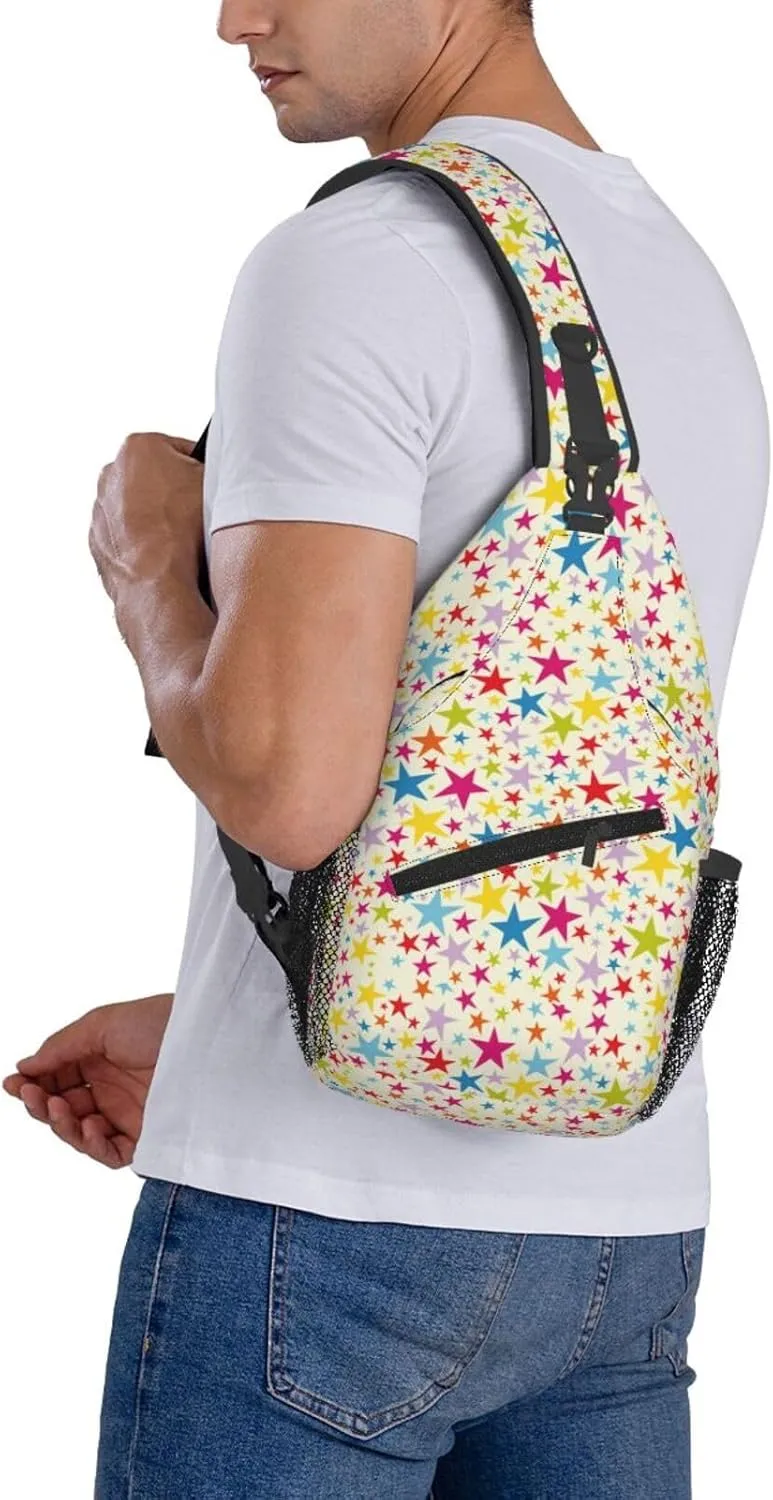 Clorlorful Pink Yellow Blue Stars Cross Chest Bag Diagonally Hiking Crossbody Bag Travel Shoulder Daypack Lightweight Sling Backpack Cycling Daypacks Fitness Chest Backpacks