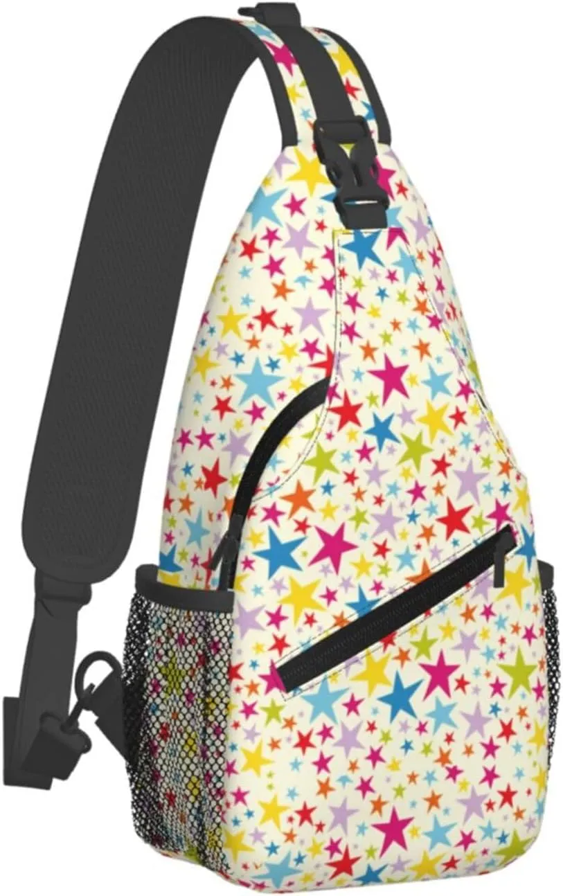 Clorlorful Pink Yellow Blue Stars Cross Chest Bag Diagonally Hiking Crossbody Bag Travel Shoulder Daypack Lightweight Sling Backpack Cycling Daypacks Fitness Chest Backpacks