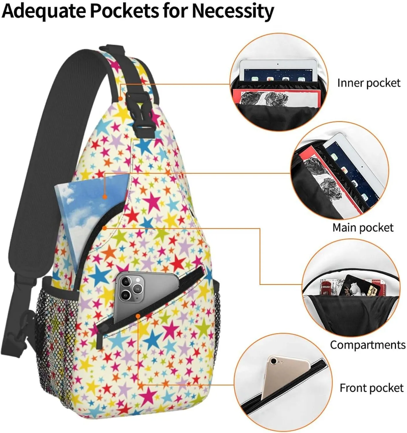 Clorlorful Pink Yellow Blue Stars Cross Chest Bag Diagonally Hiking Crossbody Bag Travel Shoulder Daypack Lightweight Sling Backpack Cycling Daypacks Fitness Chest Backpacks