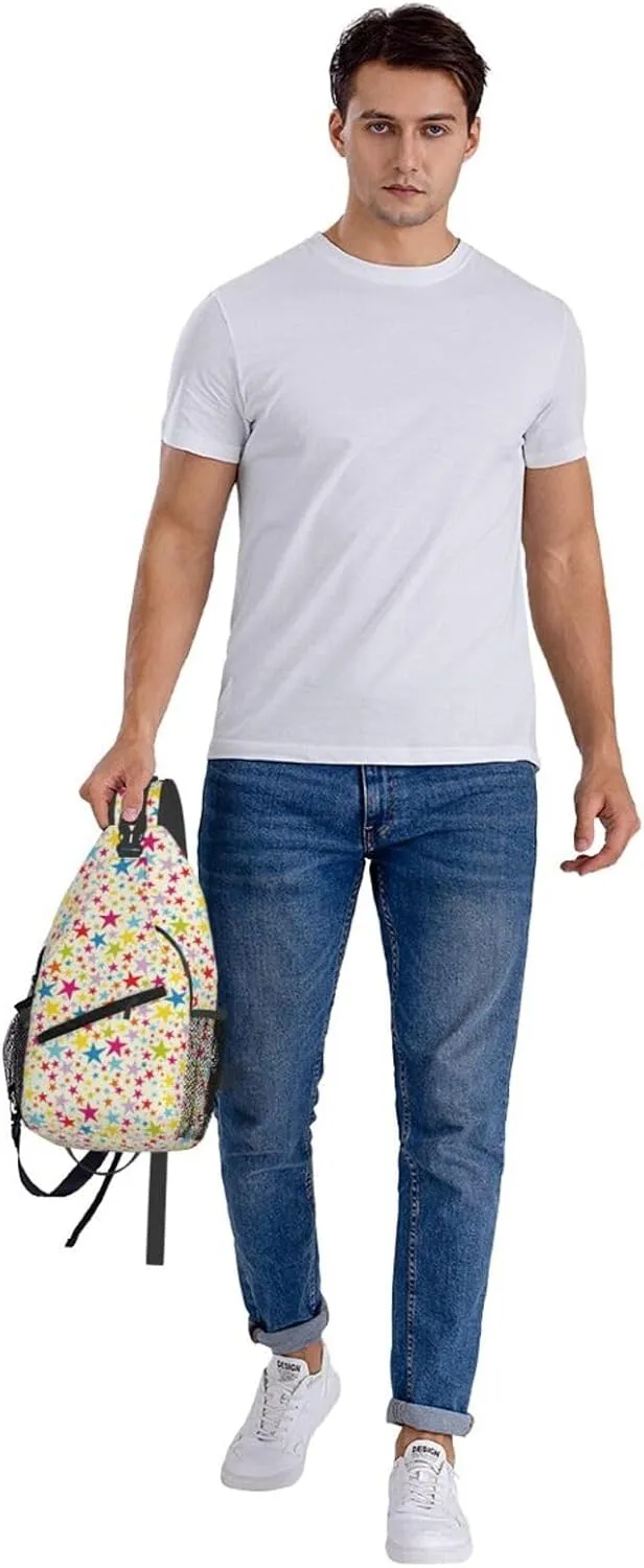 Clorlorful Pink Yellow Blue Stars Cross Chest Bag Diagonally Hiking Crossbody Bag Travel Shoulder Daypack Lightweight Sling Backpack Cycling Daypacks Fitness Chest Backpacks