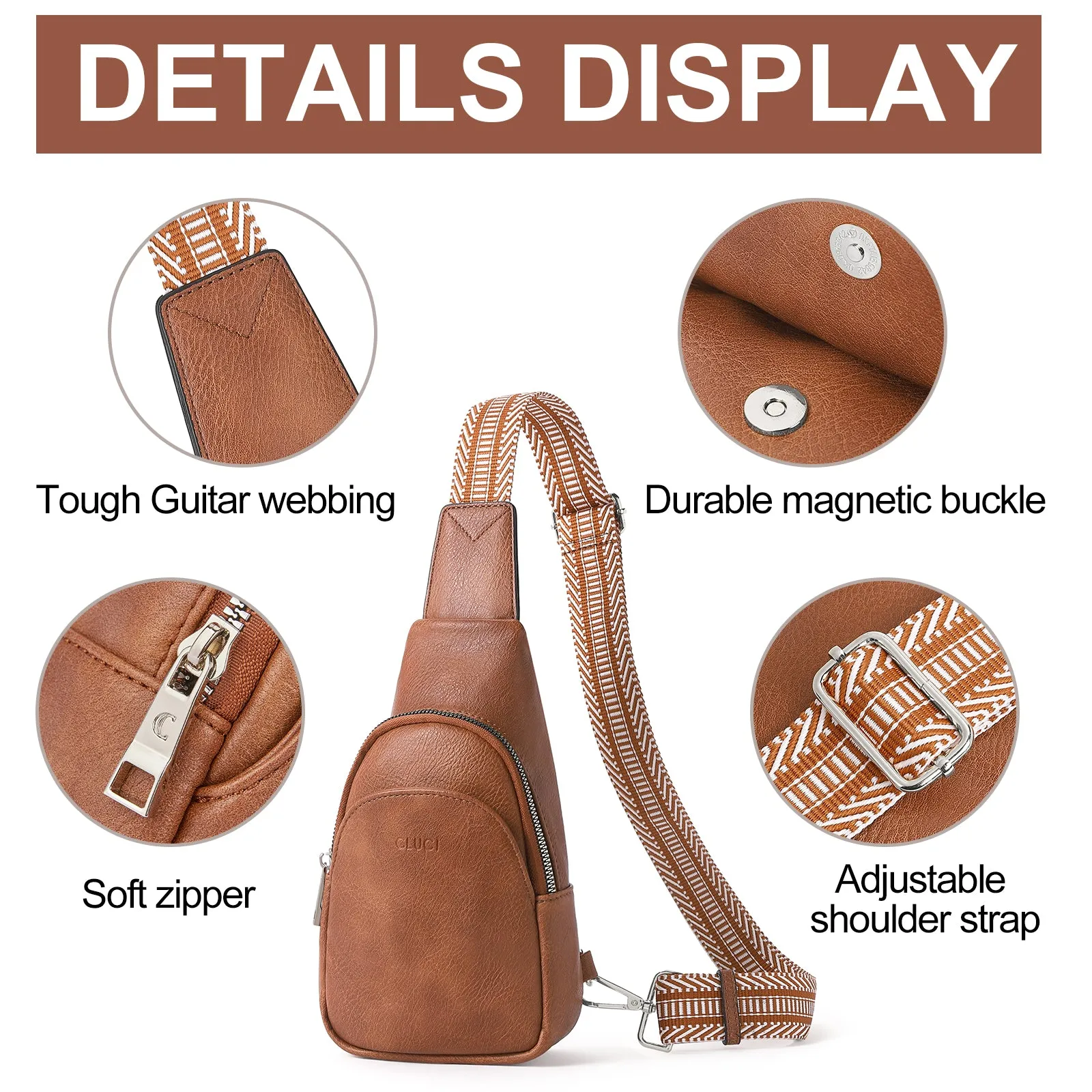CLUCI  Faux Leather Small Sling Bag Fashion Waist Packs with Guitar Strap for Women's Fanny Packs
