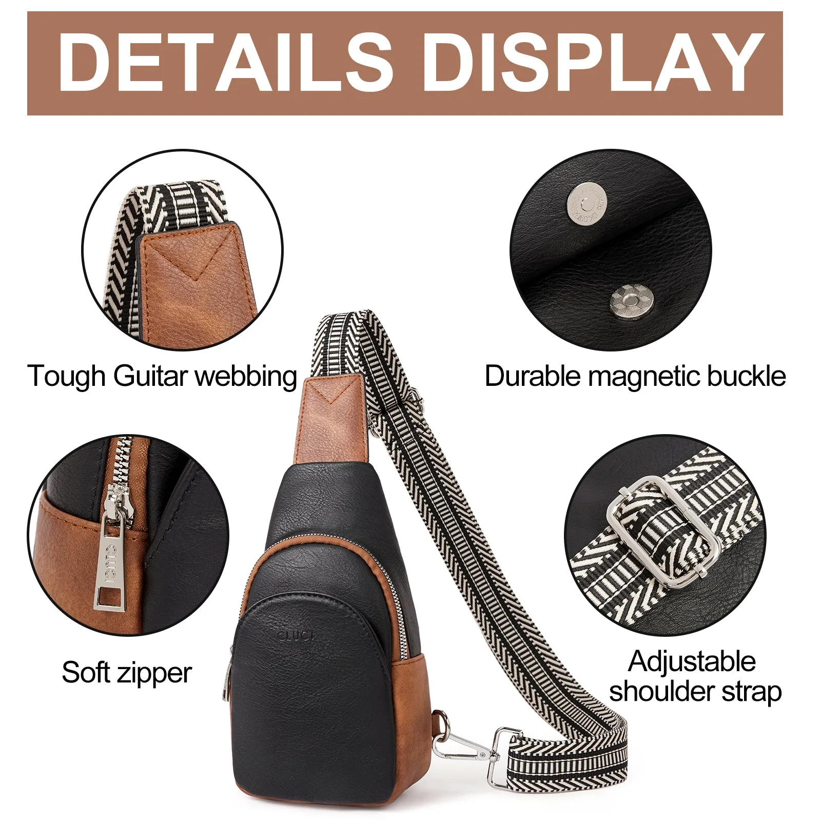 CLUCI  Faux Leather Small Sling Bag Fashion Waist Packs with Guitar Strap for Women's Fanny Packs