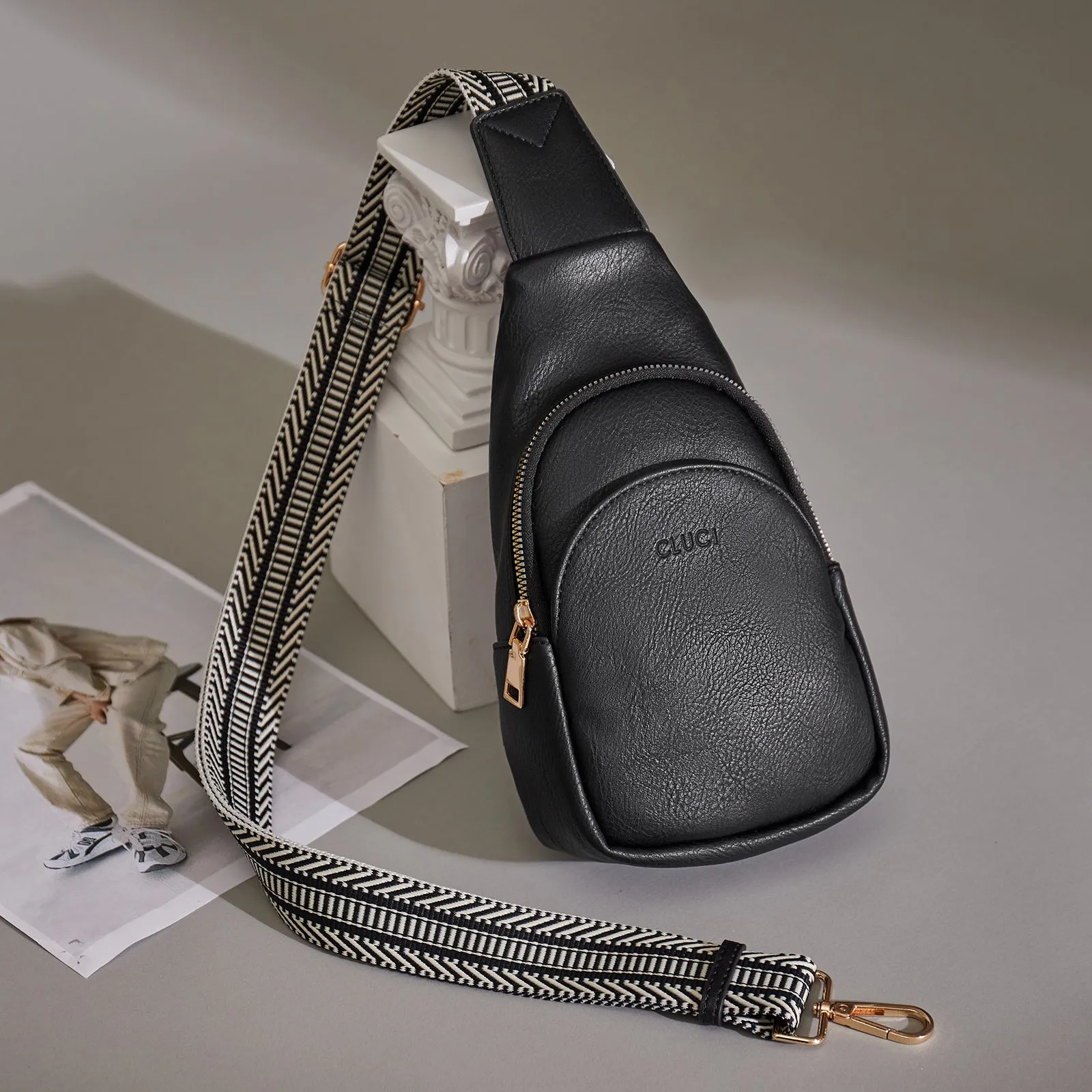 CLUCI  Faux Leather Small Sling Bag Fashion Waist Packs with Guitar Strap for Women's Fanny Packs