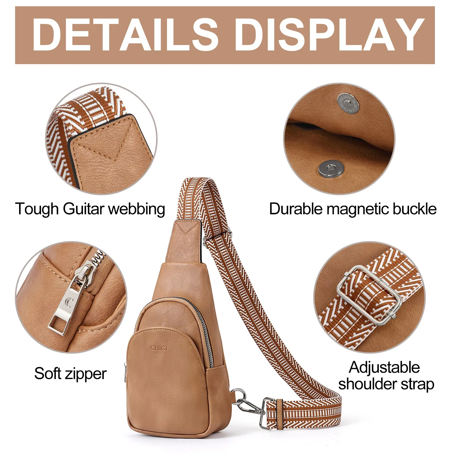 CLUCI  Faux Leather Small Sling Bag Fashion Waist Packs with Guitar Strap for Women's Fanny Packs