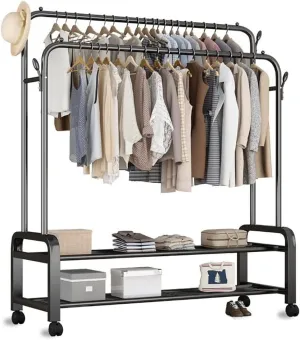 Coat Rack Stand，Wheeled Clothes Rack Metal Coat Rack, With Two-layer Storage Rack, Removable Coat Rack, Super Load-bearing, Can Put Clothes, Shoes, Hats, Bags, Etc,150 * 58 * 162 Cm ( Color : Black )