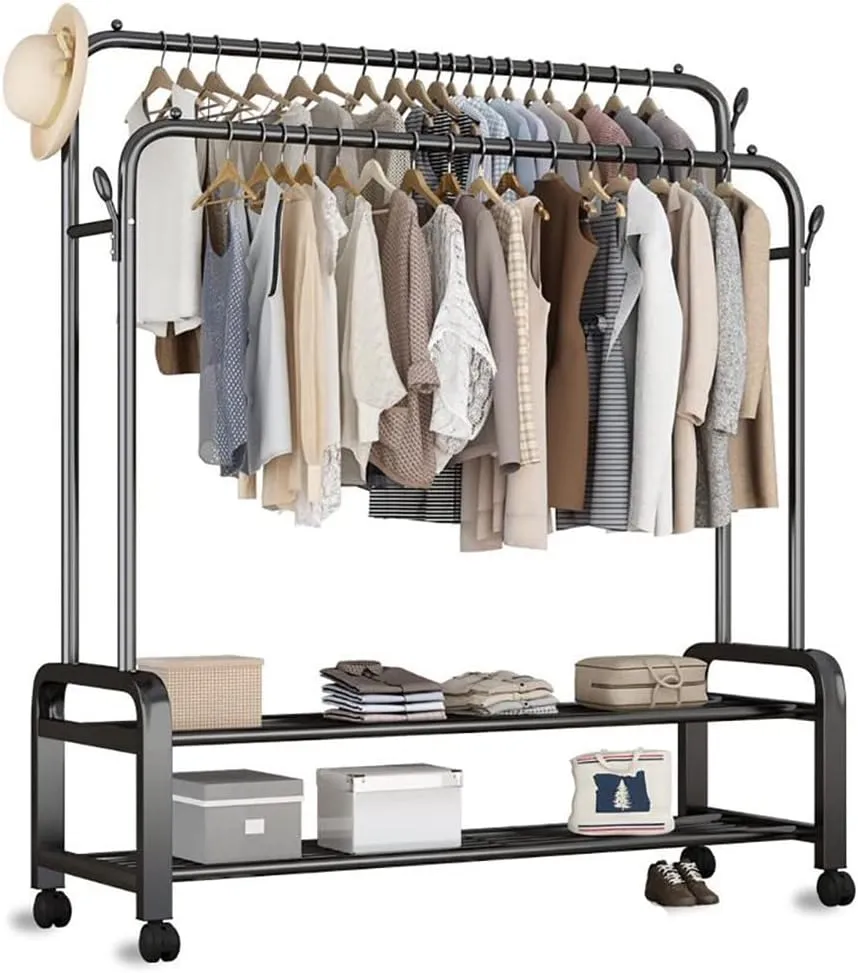 Coat Rack Stand，Wheeled Clothes Rack Metal Coat Rack, With Two-layer Storage Rack, Removable Coat Rack, Super Load-bearing, Can Put Clothes, Shoes, Hats, Bags, Etc,150 * 58 * 162 Cm ( Color : Black )