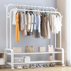 Coat Rack Stand，Wheeled Clothes Rack Metal Coat Rack, With Two-layer Storage Rack, Removable Coat Rack, Super Load-bearing, Can Put Clothes, Shoes, Hats, Bags, Etc,150 * 58 * 162 Cm (Color : White)