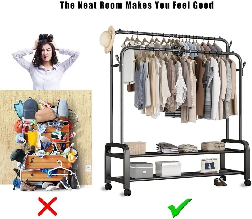 Coat Rack Stand，Wheeled Clothes Rack Metal Coat Rack, With Two-layer Storage Rack, Removable Coat Rack, Super Load-bearing, Can Put Clothes, Shoes, Hats, Bags, Etc,150 * 58 * 162 Cm (Color : White)