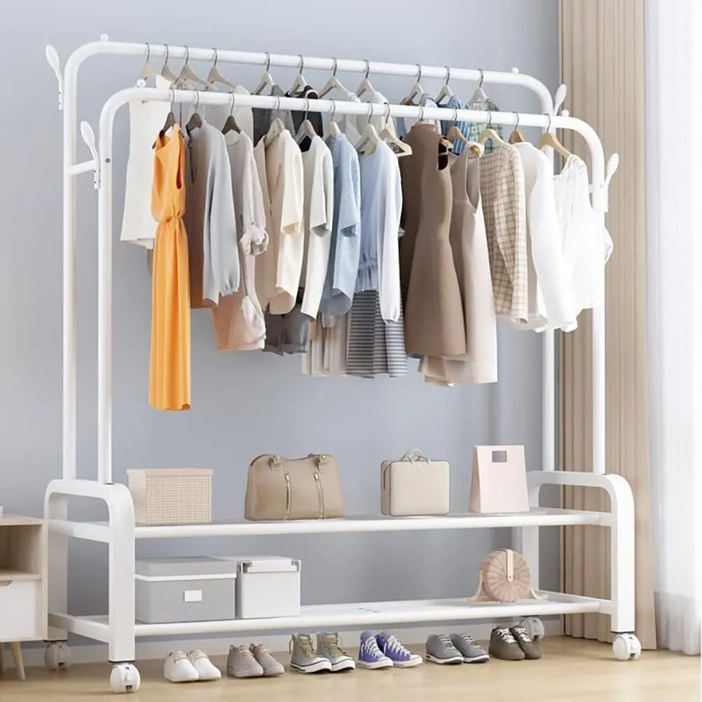 Coat Rack Stand，Wheeled Clothes Rack Metal Coat Rack, With Two-layer Storage Rack, Removable Coat Rack, Super Load-bearing, Can Put Clothes, Shoes, Hats, Bags, Etc,150 * 58 * 162 Cm (Color : White)