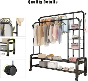 Coat Rack Stand，Wheeled Coat Rack With 5/6-layer Storage Rack And Double Rail, Metal Clothes Rack Removable Coat Rack, Super Load-bearing, Can Put Clothes, Shoes, Hats, Bags, Etc,150 * 50 * 162cm