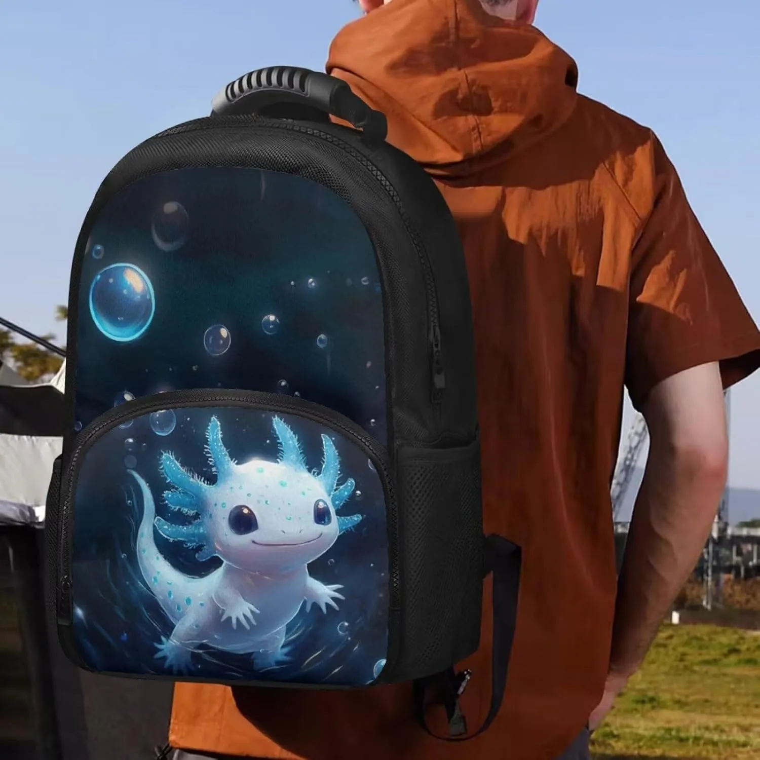 COEQINE Blue Axolotl Backpack with Lunch Box For Women Work Travel Large Capacity Insulated Cooler Backpacks with Lunch Box Protector Laptop Computer