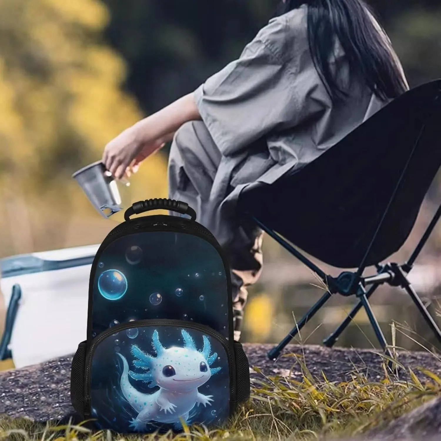 COEQINE Blue Axolotl Backpack with Lunch Box For Women Work Travel Large Capacity Insulated Cooler Backpacks with Lunch Box Protector Laptop Computer