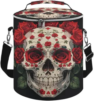 Collapsible Insulated Cooler Bag Red Rose Skeleton Print Leakproof Soft Cooler Bag Round Casserole Carrier for Hot & Cold Food