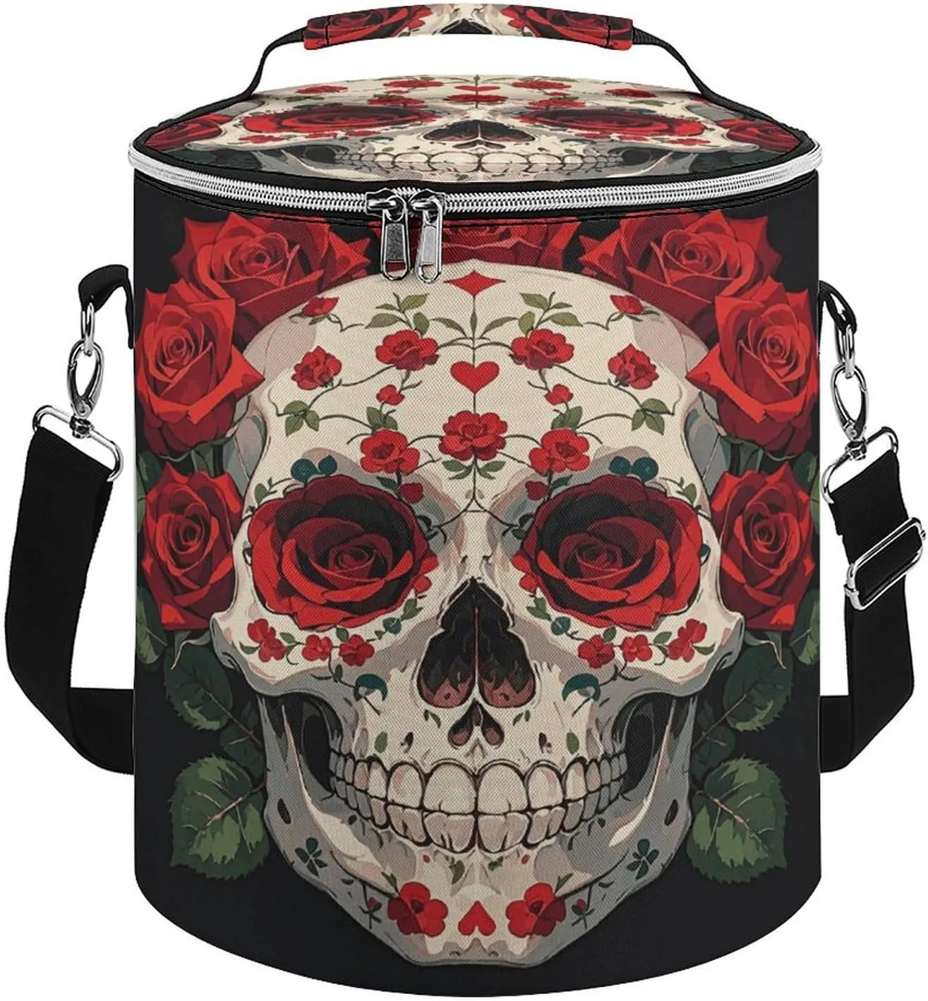 Collapsible Insulated Cooler Bag Red Rose Skeleton Print Leakproof Soft Cooler Bag Round Casserole Carrier for Hot & Cold Food