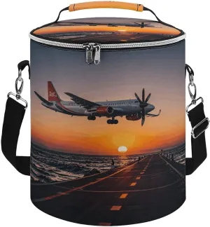 Collapsible Insulated Cooler Bag Romantic Sunset Plane Print Leakproof Soft Cooler Bag Round Casserole Carrier for Hot & Cold Food