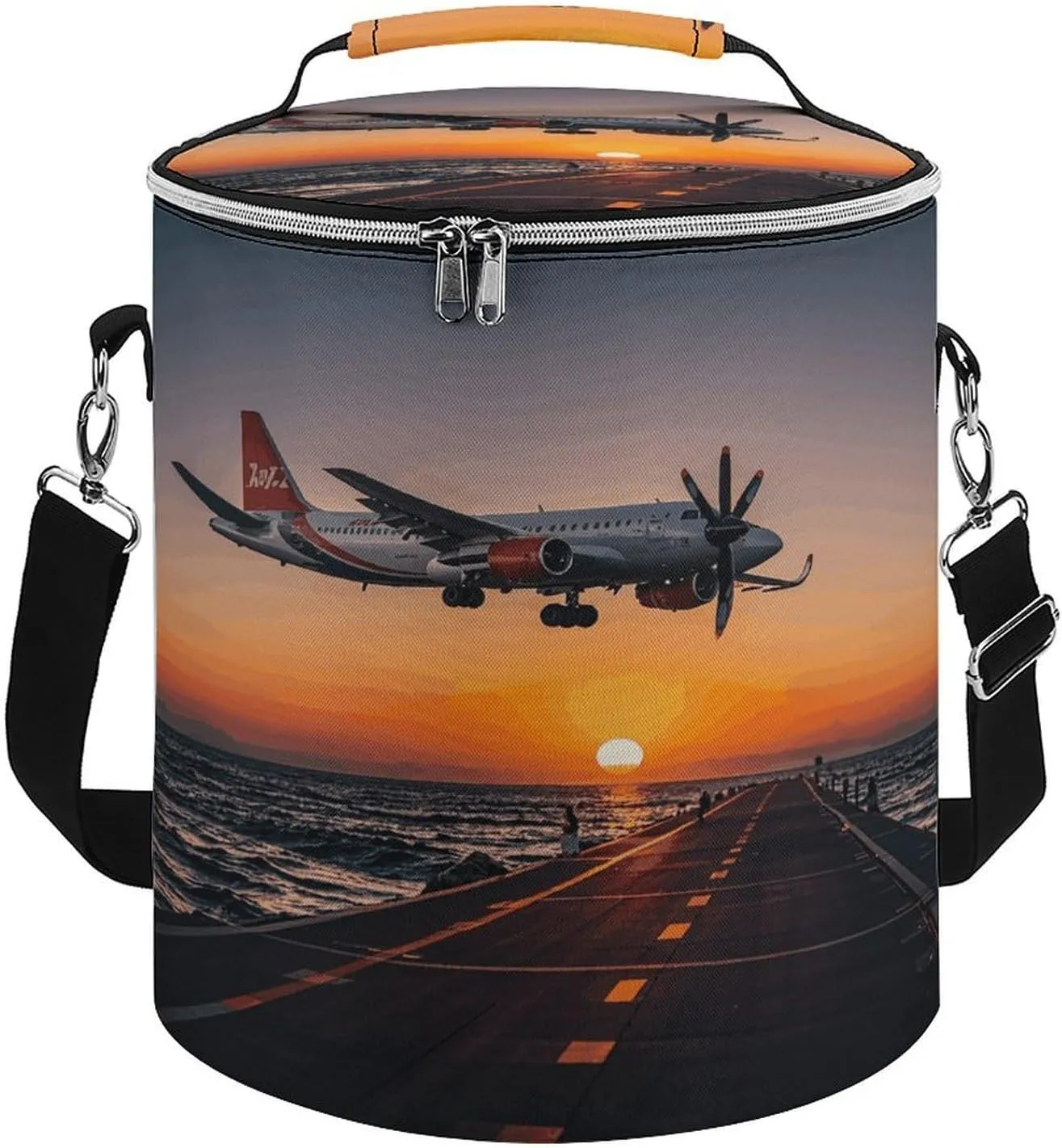Collapsible Insulated Cooler Bag Romantic Sunset Plane Print Leakproof Soft Cooler Bag Round Casserole Carrier for Hot & Cold Food