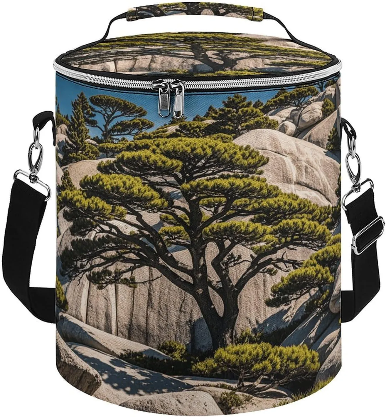Collapsible Insulated Cooler Bag Trees and Rocks Print Leakproof Soft Cooler Bag Round Casserole Carrier for Hot & Cold Food